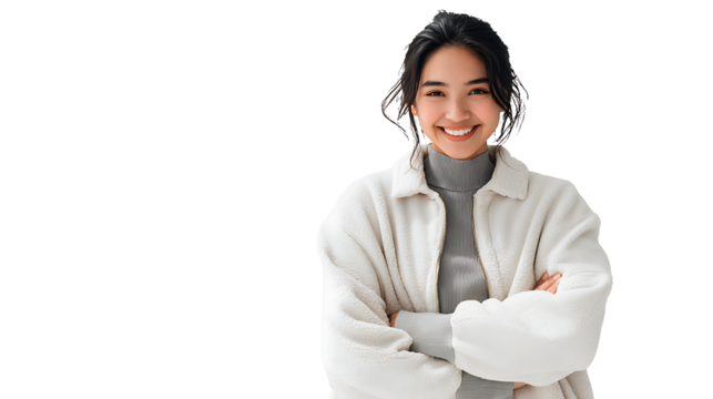 Stylish Asian girl in streetwear smiling at camera, isolated on a white background.