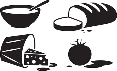 Food Icons Set Illustration with Bowl, Bread, Cheese, and Tomato on Background