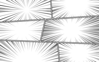Black and white comic background with various pop art shapes. Rays, radial, halftone, and dot effects. Vector illustration.