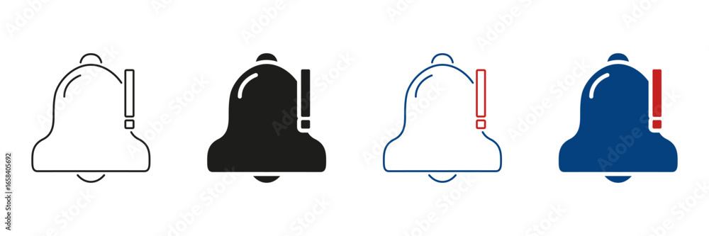 Aufkleber bell with exclamation mark line and solid icon set. notification alert, warning, and reminder symbol