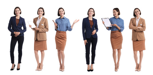 Young hostess on white background, set of full-length portraits