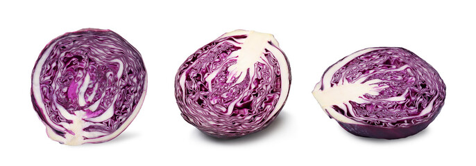 Cut fresh red cabbages isolated on white, set