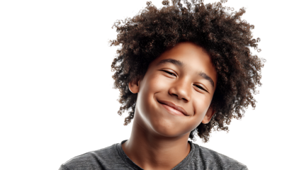 Afro-Caribbean teenager smiling with expressive eyes, isolated on a white background