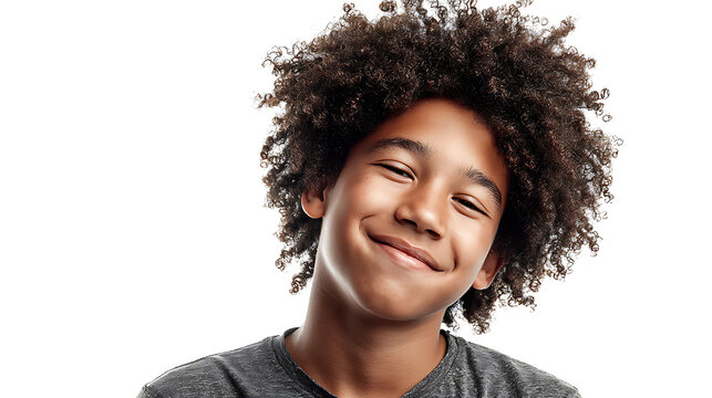 Afro-Caribbean teenager smiling with expressive eyes, isolated on a white background