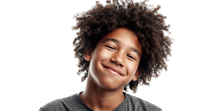 Afro-Caribbean teenager smiling with expressive eyes, isolated on a white background