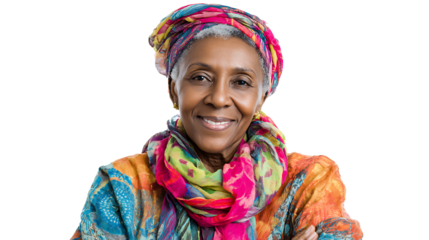 Black elderly woman wearing colorful scarf smiling at camera, isolated on a white background