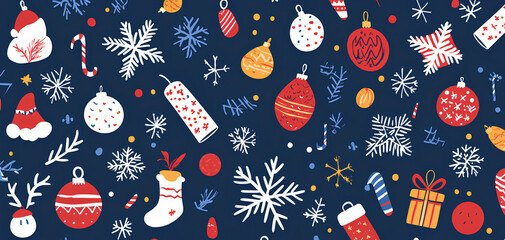Seamless pattern with christmas doodles including santa, reindeer and snowflakes