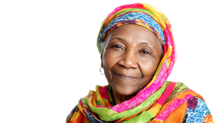Black elderly woman wearing colorful scarf smiling at camera, isolated on a white background