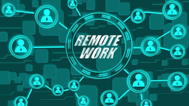 Neon Blue Circular Frame with Remote Work Text and Human Icons on a Digital Background work from home