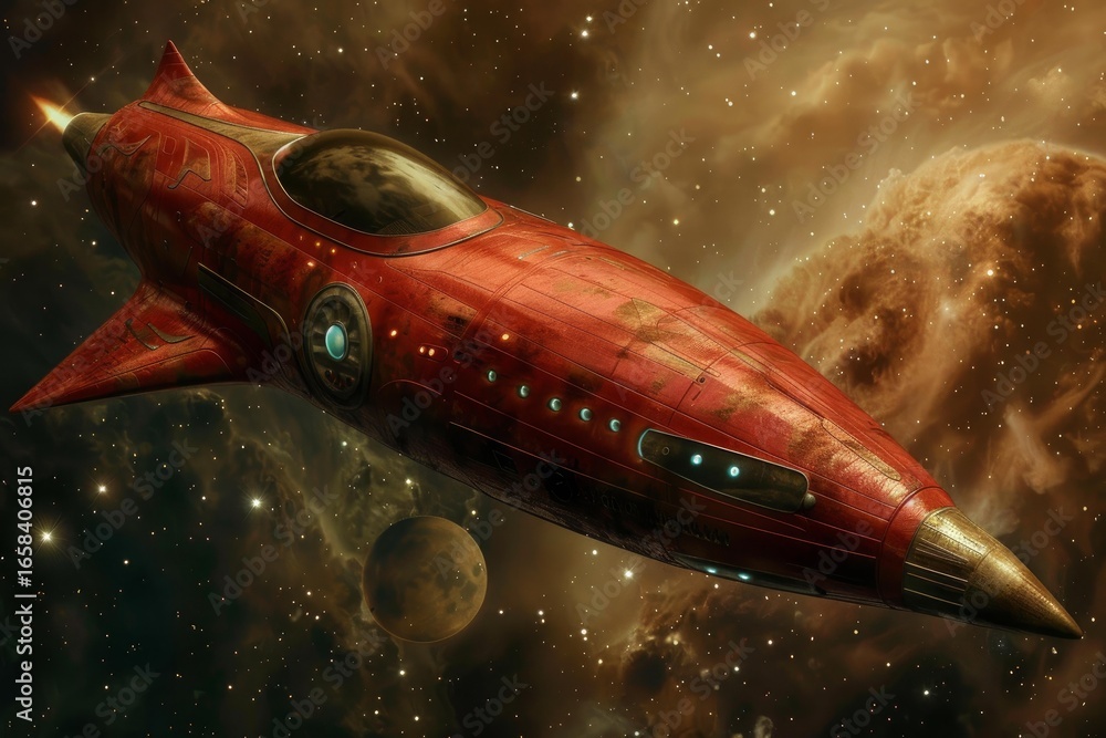 Poster vintage spaceship exploring a nebula and planet in outer space