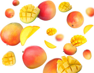 Sweet mango fruits swirling in air against white background
