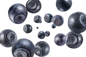 Fresh ripe blueberries swirling in air against white background