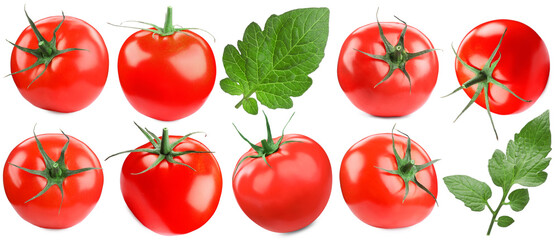 Fresh ripe tomatoes and green leaves isolated on white, set