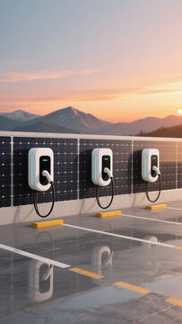 Modern EV Charging Stations with Solar Panels and Sunset Sky