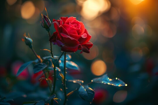 Beautiful red rose with water drops blooming in golden hour sunlight with bokeh effect in background