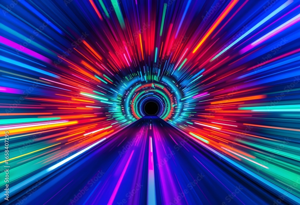 Poster abstract image of colorful light streaks converging towards a central vanishing point, creating a tu