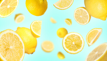 Fresh ripe lemons swirling in air against light blue background