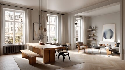 Fototapeta premium Elegant Parisian Apartment Interior Design Featuring a Modern Dining Area