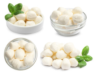 Mozzarella cheese balls with fresh basil leaves isolated on white, collage