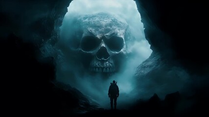 A dark, atmospheric digital artwork featuring a large, menacing skull in the center. The skull is surrounded by a misty, blue hue, giving it an eerie and foreboding appearance.