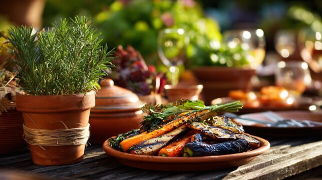 Garden table with grilled autumn vegetables and fresh herb bundles, terracotta pots and vine leaves, late afternoon sunlight
