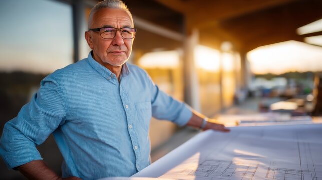Architectural planning meeting outdoor workspace professional portrait evening light focused expression design and innovation