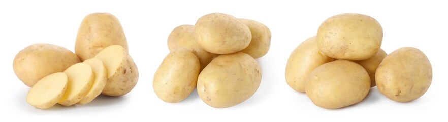 Fresh raw potatoes isolated on white, set