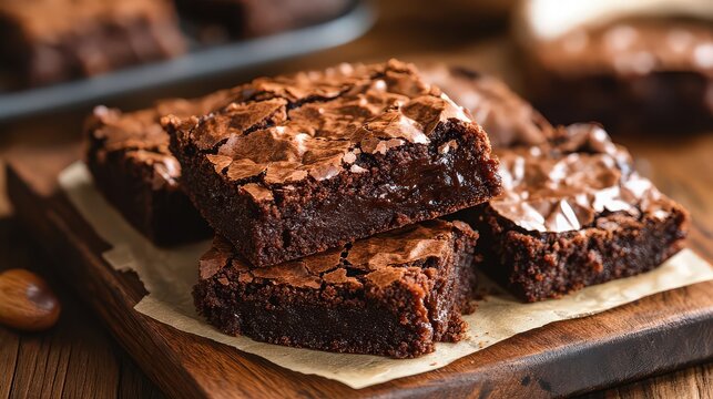 Close up of delicious chocolate brownies stacked on a wooden board with a tray in the background
