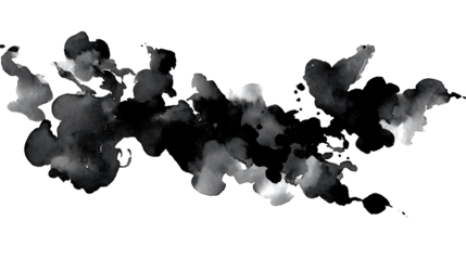 Black ink blot with organic irregular shapes, isolated on a white background