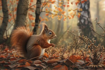 Eurasian red squirrel forages amidst fallen leaves on a sunny autumn day, capturing the essence of wildlife in a serene woodland setting