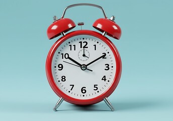 A classic, glossy red twin-bell alarm clock on a solid light blue background.