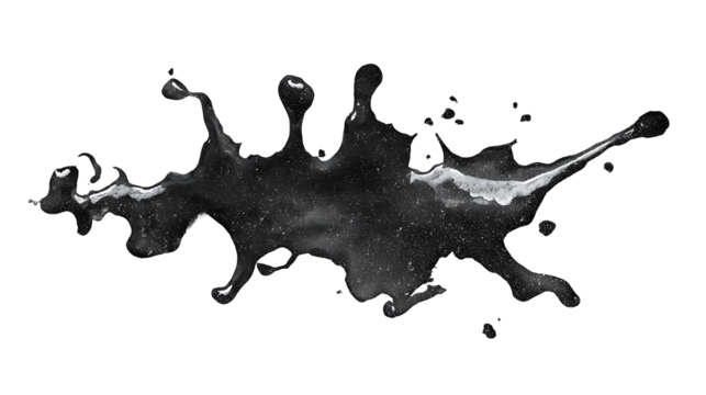 Black ink blot with organic irregular shapes, isolated on a white background