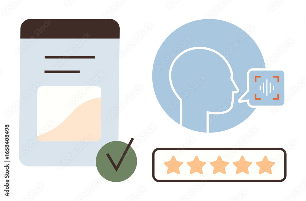 Poster profile with sound analysis, 5-star rating bar, document with checkmark. ideal for technology, ai, a