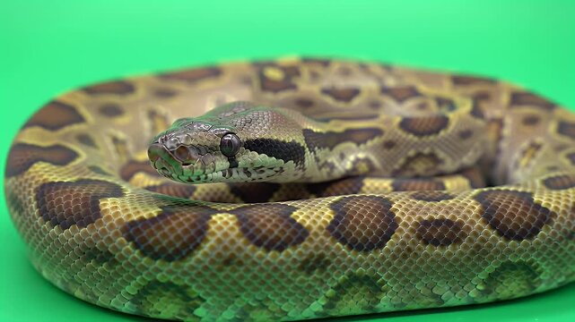 Exotic Coiled Snake on Isolated Green Screen Background