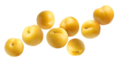 Fresh ripe cherry plums falling on white background