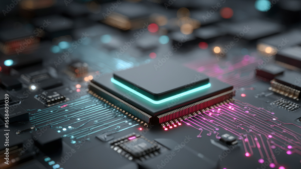 Poster close-up of a microprocessor on a circuit board with glowing pink and blue neon lights, symbolizing 