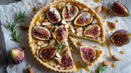 Overhead shot of fig and goat cheese tart with honey drizzle, scattered almonds and rosemary, white parchment background