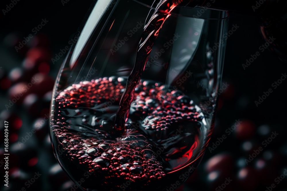 Poster red wine is pouring into a glass, creating bubbles and swirling patterns, with grapes blurred in the