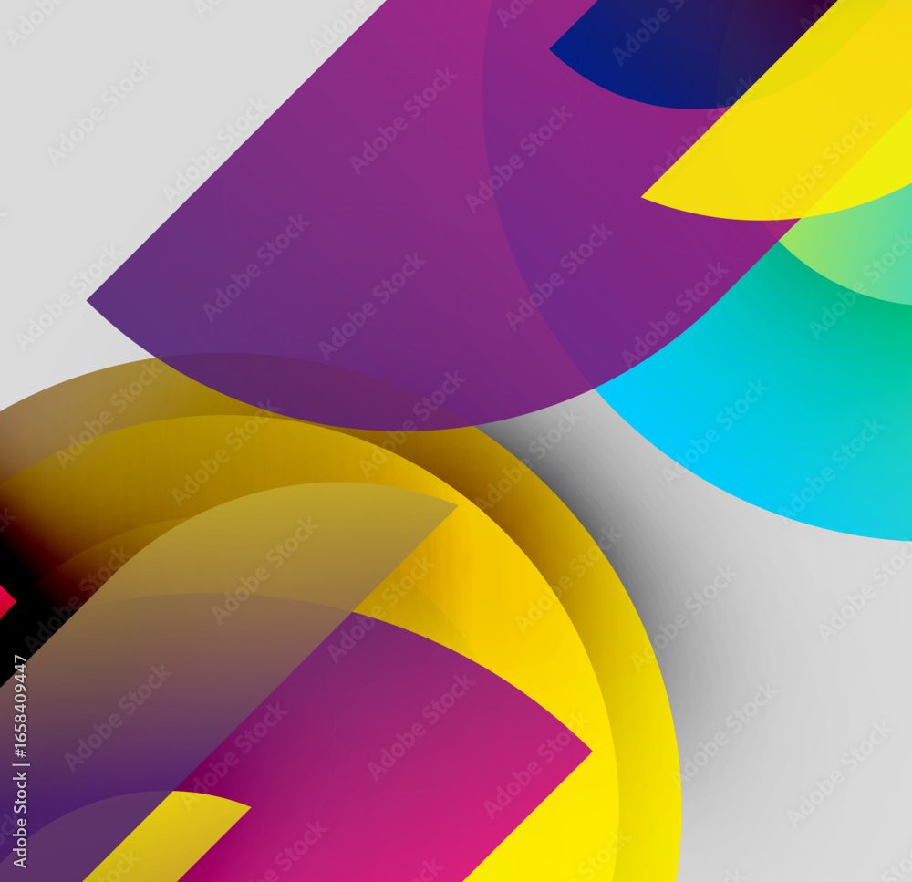 Poster abstract composition. overlapping colorful shapes create dynamic visual effect. bright hues contrast