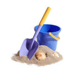 Beach toys bucket and shovel with sand and shells isolated on transparent background