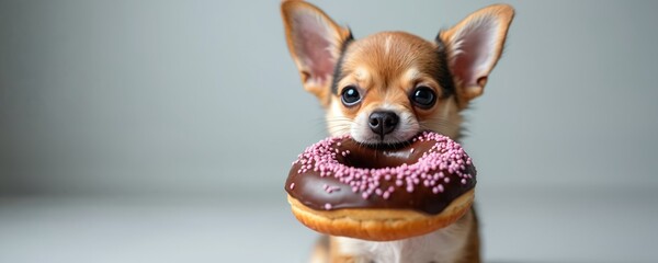 Charming chihuahua puppy grasps large chocolate doughnut topped with pink sprinkles. Adorable small dog enjoys sweet treat against simple gray background, perfect for playful food-related concepts.