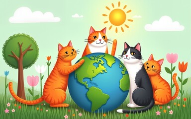 Obraz premium Cats around planet. Like child`s hand drawn cartoon doodle colorful vector art. World ecology globe. Cat`s day. Crayon, pencil, pastel chalk stroke art. Green day. Tree, flower, pet animal.