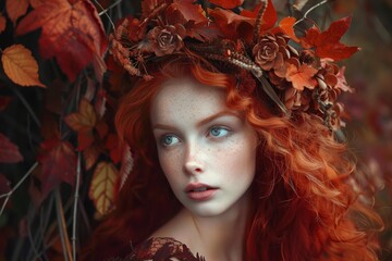 Fashion portrait of beautiful young woman with red hair posing near colorful autumn leaves