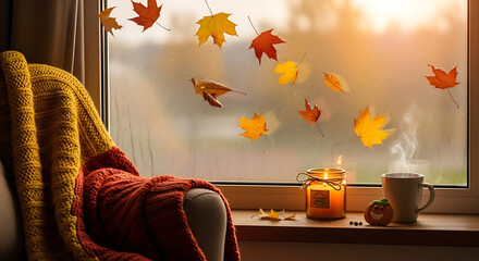 Cozy autumn still life with a chunky knit blanket steaming mug and a lit candle by a window with falling leaves.