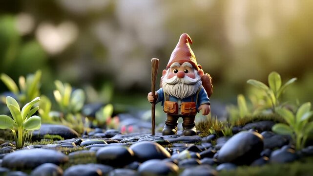 A 3D rendered garden gnome figurine with a backpack and walking stick, set against a blurred natural backdrop. The gnome is positioned in the foreground.