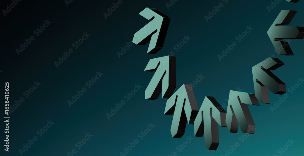 Poster abstract illustration of a semi-circle of arrows pointing the same direction on a gradient blue back