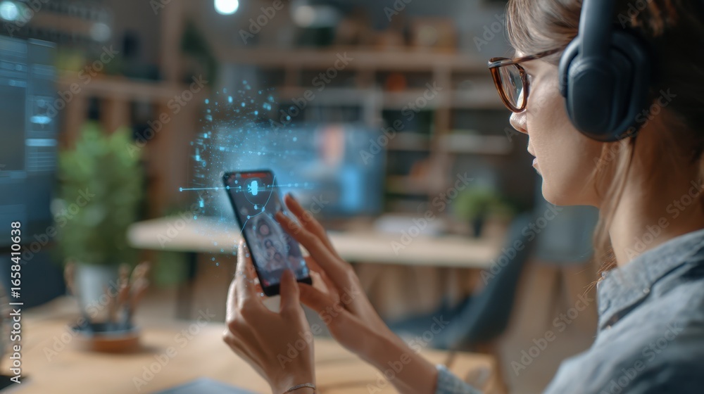 Poster medium shot of a remote team member interacting with ai virtual assistant via smart device foregroun
