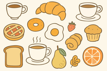 Breakfast icon set. Simple cute vector isolated elements