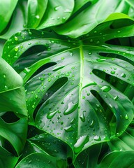 Fototapeta premium photo-realistic close-up of vibrant monstera leaves with visible veins and water droplets. Wallpaper tropical