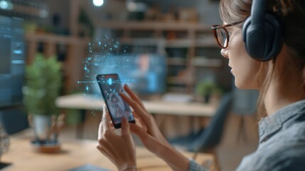 Medium shot of a remote team member interacting with AI virtual assistant via smart device foreground clear on hands and screen while casually blurred home office fills the